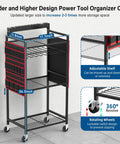 Power Tool Organizer Cart for Garage With 8 Outlet 3 USB Charging Station, showing measurements and features