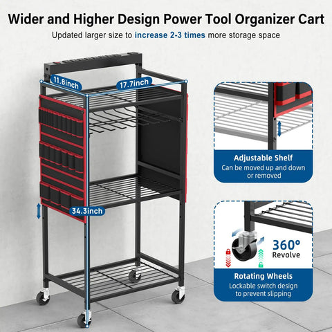 Power Tool Organizer Cart for Garage With 8 Outlet 3 USB Charging Station, showing measurements and features
