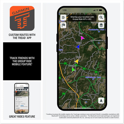 XT3 6 Inch Motorcycle GPS Navigator Bundle screen showing Group Ride feature on satellite map.