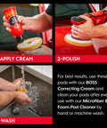 Steps applying cream, polishing with 6.5 Inch Boss Correcting Foam Pads for car detailing, and washing pad by hand in sink.