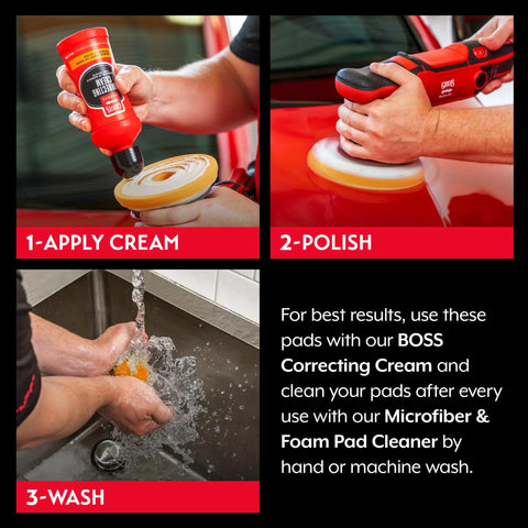 Steps applying cream, polishing with 6.5 Inch Boss Correcting Foam Pads for car detailing, and washing pad by hand in sink.