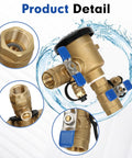 3/4-inch brass pressure vacuum breaker backflow preventer for irrigation with blue lever shutoffs, front view
3/4-inch brass pressure vacuum breaker backflow preventer for irrigation with blue lever shutoffs, side view
3/4-inch brass pressure vacuum breaker backflow preventer, close-up of threaded inlet
3/4-inch brass pressure vacuum breaker backflow preventer installed on irrigation line with blue lever shut-offs