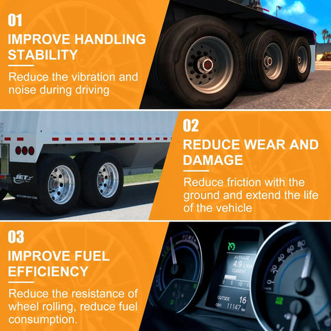Infographic showing benefits of trailer tires with improved handling, reduced wear, and better fuel efficiency.