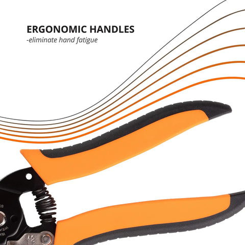 Pro Grade All In One Wire Stripper And Cutter For Solid And Stranded Wires 22 To 10 AWG with ergonomic orange handles