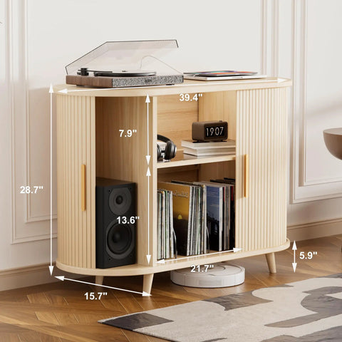 Large Record Player Stand With Power Outlets And Led Lights, Dope Mid Century Modern Media Cabinet For Vinyl Storage Up To 300 Records
