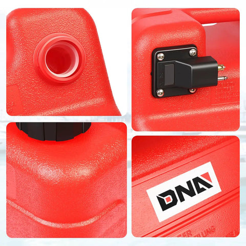 Close-up of Portable 24L 6 Gallon Marine Fuel Tank For Boats And Yachts With Hose Red Leak Free Fuel Flow Durable Marine Grade Tank.