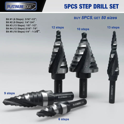 Pro Grade Workhorse 5 Piece High Speed Steel Step Drill Bit Set For Sheet Metal With 50 Hole Sizes double flute cutting