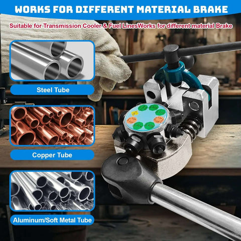 Pro Grade Brake Line Flaring Tool Kit for automotive tubing, showing steel, copper, and aluminum tubing compatibility.