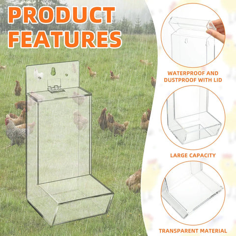 Clear Acrylic Oyster Shell And Grit Feeder For Chickens With Heavy Duty Lid And No Sweat Wall Mount Clips featuring waterproof design.