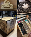 18 pcs 12-inch square basswood boards, 1/4 in thick, for laser/CNC woodwork; collage shows motorcycle cutout, mandala panel, Raiders box, and utensil drawer.