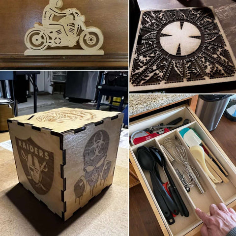 18 pcs 12-inch square basswood boards, 1/4 in thick, for laser/CNC woodwork; collage shows motorcycle cutout, mandala panel, Raiders box, and utensil drawer.