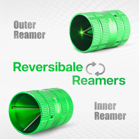 Pipe reamer tool, green metal deburring and chamfering tool for copper and PVC tubes, shown from front and side.