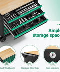 7 Drawer Tool Chest With Wood Top Locking Rolling Cabinet On Wheels For Garage And Workshop Central Locking System With One Key Keeps All Drawers Secure Durable Black And Green Cabinet For Mechanics And DIYers, open drawer with tools