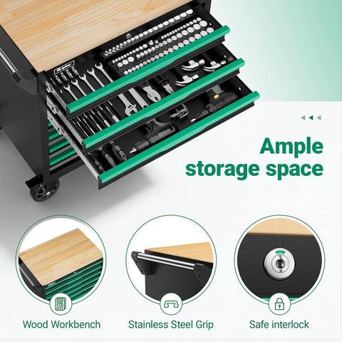 7 Drawer Tool Chest With Wood Top Locking Rolling Cabinet On Wheels For Garage And Workshop Central Locking System With One Key Keeps All Drawers Secure Durable Black And Green Cabinet For Mechanics And DIYers, open drawer with tools