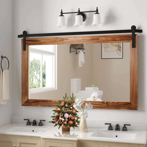 Farmhouse Barn Door Mirror With Rustic Wood Frame 41 By 26 Inches for bathroom wall decor, brown finish, vintage distressed look