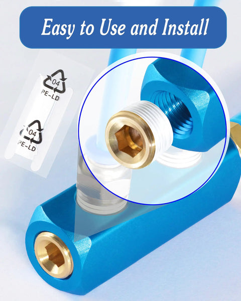 Brass Hex Pipe Plug 1/4 Inch NPT Male Thread With Internal Hex Socket Counter Sunk Design For Blocking The End Of Pipe Pack Of 10 Ideal For Industrial Piping Fittings Temperature Range From -65 To 250 F And Max 150 Psi, brass plug installed in blue fitting