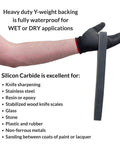 1 X 30 Inch Silicon Carbide Sanding Belts waterproof backing shown on a gloved hand with usage list for sharpening and metalworking