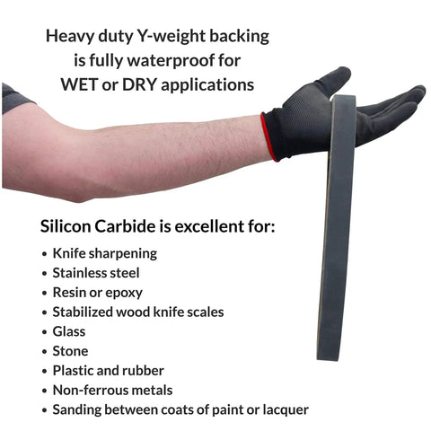 1 X 30 Inch Silicon Carbide Sanding Belts waterproof backing shown on a gloved hand with usage list for sharpening and metalworking