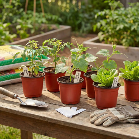 100 Pack 4 Inch Plastic Nursery Pots With Drainage Holes And 100 Plant Labels For Seed Starting Seedlings And Small Flower Plants No Brainer Starter Kit For Your Home Garden Projects on wooden table in garden