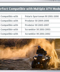 Chart showing ATV compatibility for 5 Pack Ignition Coil Kit Replacement For Sportsman 90 Quad ATV With Voltage Regulator Rectifier, Starter Relay, Solenoid And Spark Plug, Compatible With Predator 50 To 90 And Scrambler 50 To 90, Includes 0451018 0452187 0452061 0450553 0450555, and an ATV driving through sand.