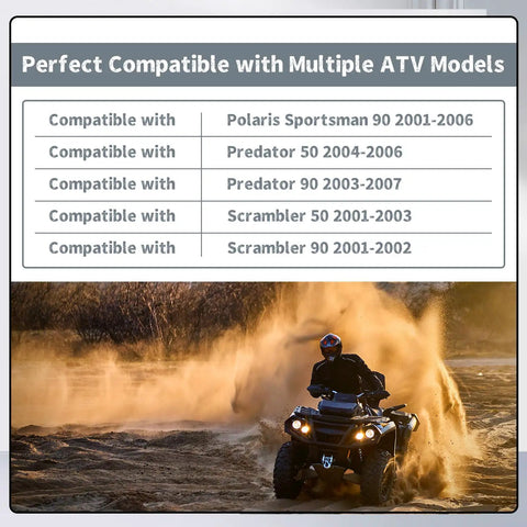 Chart showing ATV compatibility for 5 Pack Ignition Coil Kit Replacement For Sportsman 90 Quad ATV With Voltage Regulator Rectifier, Starter Relay, Solenoid And Spark Plug, Compatible With Predator 50 To 90 And Scrambler 50 To 90, Includes 0451018 0452187 0452061 0450553 0450555, and an ATV driving through sand.