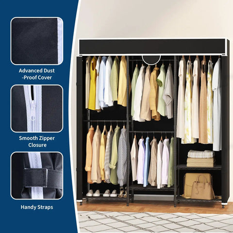 Beefy Heavy Duty Freestanding Portable Closet Organizer With Adjustable Carbon Steel Frame And Thick Vinyl Cover Handles Up To 1100 Pounds showcasing dust-proof cover and smooth zipper.