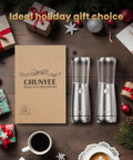 Sleek Stainless Steel Electric Salt And Pepper Grinder Set With Led Light, Adjustable Coarseness, Rechargeable Battery, Storage Base, Premium Automated Spice Mill For Modern Kitchen Gadgets on a holiday-themed table.