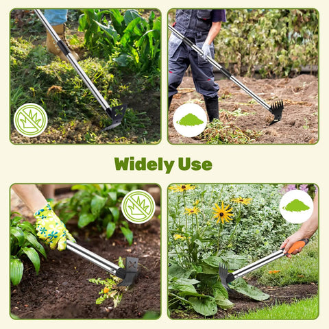 Various angles of 60 Inch Weed Puller With Long Handle And 17 Inch Hand Weeding Tool Set, used in garden and yard settings