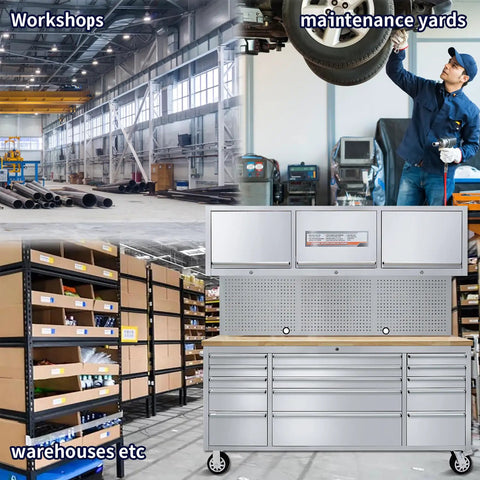 72 Inch Rolling Tool Chest With 15 Drawers And 3 Upper Cabinets Stainless Steel Pegboard Workbench in workshop, maintenance, warehouse