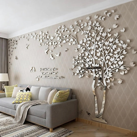 DIY 3D Tree Of Life Wall Art Decals In Silver Large Family Tree Mural with acrylic pieces above sofa in living room