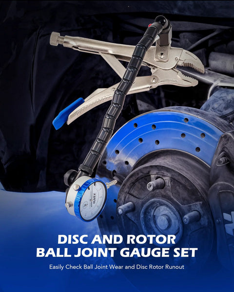 Orion Motor Tech dial gauge set with locking pliers and 360° flexible stem on blue brake rotor