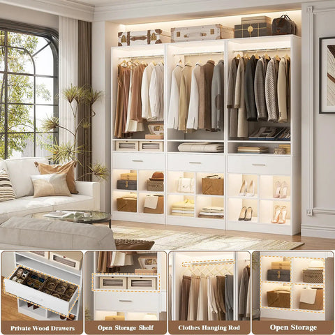 Massive 100 Inch White Closet Organizer With Four Roomy Wooden Drawers And Four Heavy Duty Hanging Rods Featuring Sixteen Handy Cubby Storages For A Quick Walk In Wardrobe Setup That Is A Total No Brainer, showcasing stylish organization.