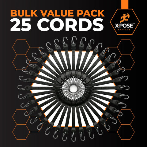 Heavy Duty Rubber Bungee Cords With Hooks 25 Pack 15 Inch Long 23 Inch Max Stretch Black Tie Down Straps in circular pattern