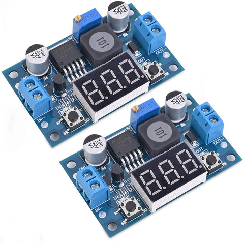 LM2596 Adjustable DC DC Buck Converter with LED Voltmeter Display, 4.0-40V Input, 1.25-37V Output, Two Pack, blue circuit boards