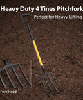 46 Inch Four Tines Pitch Fork With Y Grip Handle on soil, heavy duty iron garden spading fork for digging and tough projects.