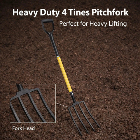46 Inch Four Tines Pitch Fork With Y Grip Handle on soil, heavy duty iron garden spading fork for digging and tough projects.