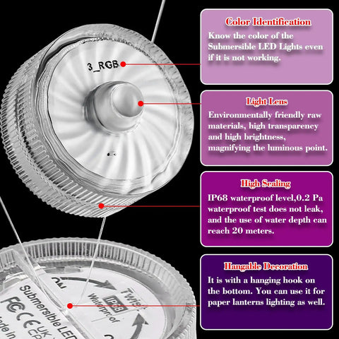 Close-up of Blue Submersible LED Light Set Tiny But Mighty Battery Powered Flameless Lights with waterproof sealing features.