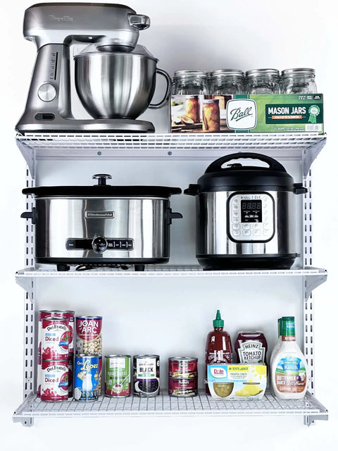 Beefy Three Tier Wire Shelving Unit For Home And Garage With 375 Lb Per Top Track Capacity, holding kitchen appliances and jars