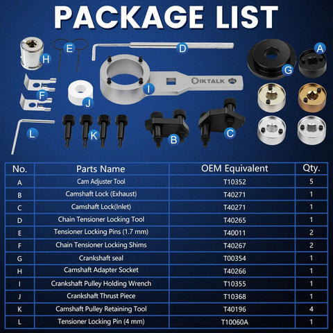 Timing Tool Set For Audi And VW EA888 Engines 1.8 2.0 TSI TFSI Gen 1 To Gen 3 21 Piece Pro Grade Kit package list details