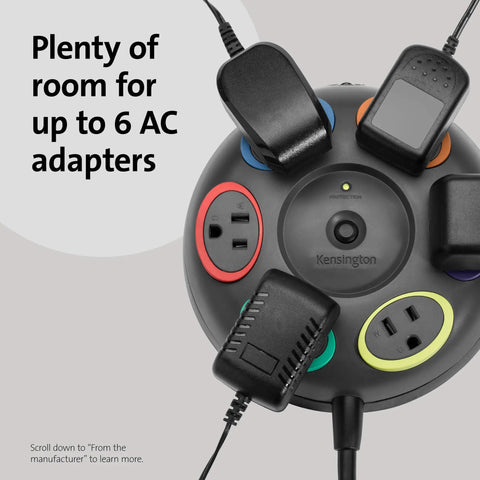 Top view of a six-outlet desk surge protector with 16ft cord, 1500J protection, and color-coded rings for easy cord management.