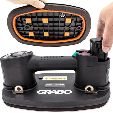 Grab On Pro Electric Suction Cup Lifter Portable Heavy Duty Tool showing the base and battery compartment design.