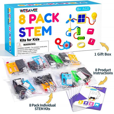 8 Set Electric Circuit STEM Kits For Kids Aged 8 To 12 Easy Setup No Tools Needed Each Kit Comes With Its Own Manual Supports Up To 8 Players Batteries Not Included Super Fun Hands On Electronics Projects gift box with 8 individual circuit kits and manuals