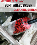Medium size soft wheel brush cleaning a car rim with foam from the Pro Grade 4 Pack Long Handle Wheel Brush Kit For Cleaning Rims And Tires With Two Soft Wheel Brushes Detailing Brush And Stiff Tire Brush Bendable Durable Rim Cleaner Set