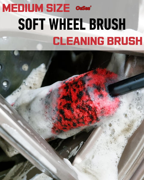 Medium size soft wheel brush cleaning a car rim with foam from the Pro Grade 4 Pack Long Handle Wheel Brush Kit For Cleaning Rims And Tires With Two Soft Wheel Brushes Detailing Brush And Stiff Tire Brush Bendable Durable Rim Cleaner Set