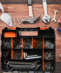 Grab And Go Double Sided Tool And Hardware Storage Box With Removable Dividers Portable Small Parts Organizer, open view showing screws, nuts, wrenches in compartments