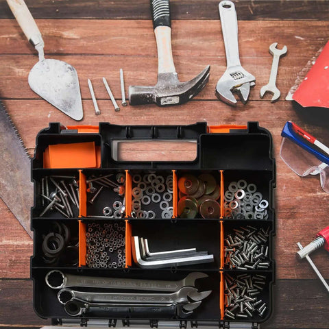 Grab And Go Double Sided Tool And Hardware Storage Box With Removable Dividers Portable Small Parts Organizer, open view showing screws, nuts, wrenches in compartments