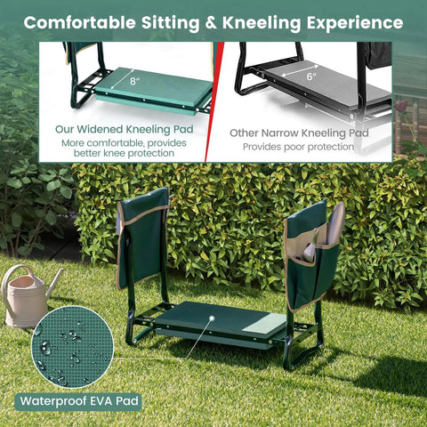 Foldable Garden Kneeler And Seat With 8 Inch Wide EVA Foam Pad, Heavy Duty Garden Stool With Two Big Tool Pouches in garden setting