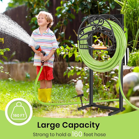 Heavy Duty Garden Hose Holder With Freestanding Steel Frame in use, holding green hose, child watering garden, outdoor scene