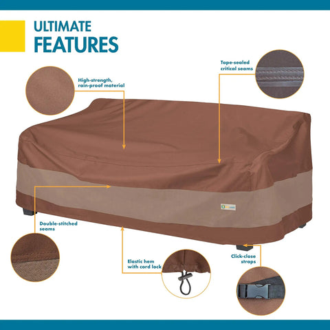 Ultimate Waterproof Patio Sofa Cover with all weather protection, mocha fabric, elastic hem, click-close buckles, 77x35x35 in.
