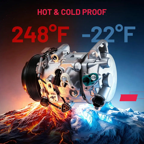 Heavy Duty AC Compressor With Clutch Built Tough For Toyota Camry Avalon Sienna Highlander And Lexus ES350 RX350 Fits 2010 To 2018 With 3.5 Liter V6 Engine image showcasing hot and cold proof capabilities.